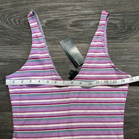 NWT Wild Fable Medium Striped Double V-Neck Bodysuit Snap Lilac Teal Stripes - Picture 9 of 9